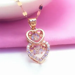 Kedjor 585 Purple Gold Double Heart Pendant 14K Rose Shiny Crystal Necklace Light Luxury Romantic Wedding Engagement SMycken