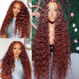 Marrom avermelhado solto onda profunda peruca frontal do laço 13x6 cobre vermelho frente do laço perucas de cabelo humano pré arrancadas com cabelo do bebê 250 densidade