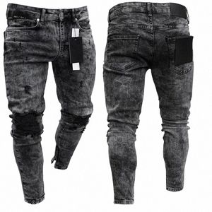 Biker Jeans Men's Distred Stretch Rasgado Biker Jeans Homens Hip Hop Slim Fit Buracos Punk Jeans Zipper Pure Color Denim Calças j4CJ #