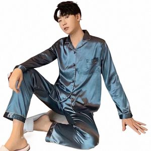 male Spring Satin Turn-down Nightwear Men Pieces Silk Homewear Sleepwear 2 Sets Pijama Lg Pajama Collar Sleeve k8DT#