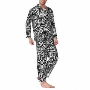 Pajamas Man Zebra Stripes Home Sleepwear فارغًا وبيجًا 2 قطعة جمالية مجموعة LG-Sleeve ناعمة كبيرة الحجم بدلة المنزل Z5P1#
