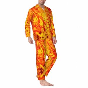 marble Fire Pajamas Set Abstract Print Comfortable Sleepwear Men Lg Sleeve Casual Night 2 Pieces Home Suit Plus Size 2XL X1j2#