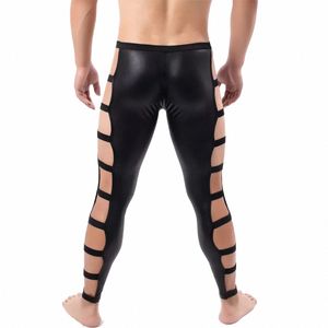 Sexiga män våta utseende latexbyxor underkläder faux läder sida snörning gay byxor täta gotiska byxor klubbkläder joggar streetwear män b5f4#