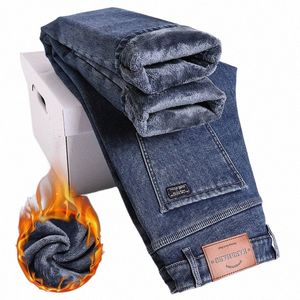 Zimowe polarowe gęste ciepłe dżinsy szczupłe proste elastyczne dżinsowe spodnie swobodny męski odzież fi pluszowe spodnie L56J#