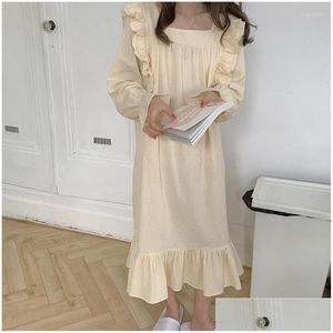 Kvinnors sömnkläder ruffles kvinnlig gul nattdress nattklänning bomull nattkläder höst lounge hemkläder underkläder sleepdress hem dropp deli otoo1