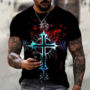 Koszulki mężczyzn Krzyż T-koszulki Religia Jezus 3D Wydrukowane swobodne vintage krótkie shirt T-Summer Man Strtwear Oważne czarne szczyty T240325
