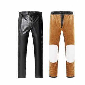 Homens de inverno Fleeces Casual Pu Calças de Couro Calças Escovadas Bottoms Grossos Engrossados Homens Engrossar Calças de Couro Locomotiva Quente D1s5 #