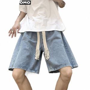 Men's Green English Embroidered Denim Fi Elastic Waist Loose Straight Wide Leg Shorts Y2k Student Capris L5di#