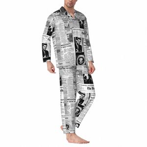 Tidningskollage pajamas sätter hösten gamla amerikanska tidningar fi natt sömnkläder 2 stycke casual överdimensionerad design nattkläder e0Sr#