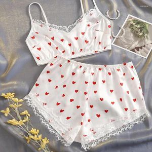Ubrania domowe kobiety seksowne koronkowe piżamę Zestaw jedwabny satynowy sutę letnie rękawa w szyku pijama sztuczna odzież domowa czerwone serce z nadrukiem nocnym