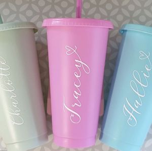 Özel Moda Kupa 24oz/710ml Plastik Tumbler Yeniden Kullanılabilir Siyah Şeffaf Pembe İçme Düz Alt Bardak Sütun Şekli Kapak Saman 100 PCS DHL tarafından gönderildi