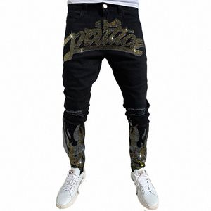 Pantaloni da uomo in denim stretch con perforazione a caldo nero Jeans skinny di alta qualità Pantaloni da motociclista da uomo street punk slim fit Nuovo s5rV #