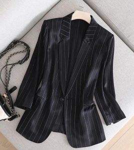 Womens Suits Blazers High Quality Striped Design Suit For Spring And Summer Three-Quarter Sleeve Mint Green Jacket Thin Female Blazer Otl1R