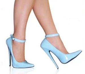 섹시한 여자 스카이 스카이 블루 붉은 반짝이는 특허 가죽 18cm 슈퍼 스틸레토 얇은 발 뒤꿈치 발목 버클 스트랩 얕은 펌프 발레 댄스 신발