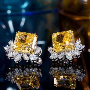 Серьги-гвоздики из стерлингового серебра 925 пробы с платиновым покрытием, желтый CZ, квадратный высокоуглеродистый бриллиант, ювелирные изделия для женщин, роскошный подарок для вечеринки