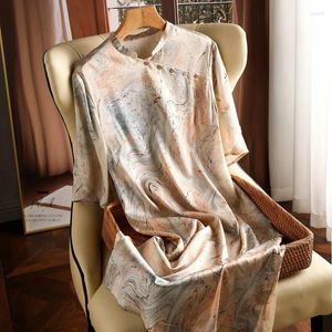 Party Dresses Silk Prints Women 2024 Satin Kort ärmar Lossa Summer Chinese Style Empire Dress Ladies O-Heck Clothing Ycmyunyan