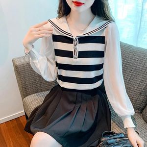 Women's Blouses 2024 Spring Fashion Korean Navy Striped Sweater Niche Spliced Chiffon Sleeve Foreign Style Small Shirt Top