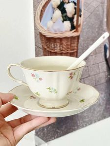 Cups Saucers French Style Gold Painted Small Floral Ceramic Coffee Cup And Plate Set High-end Afternoon Tea Ear Hanging Light Luxury