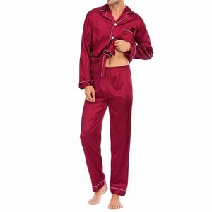 Män pyjama sätter silkesatin sömnkläder för man skjorta lg ärm pyjama manlig fi mjuk hem natt slitage stor storlek loungewear 66p8#