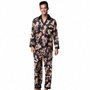 ssh004 Alta Qualidade Impresso Casamento Mens Pijama Cetim Seda Camisola Pijamas Primavera Outono Masculino Mangas Completas Calças Conjunto de Pijama s7JT #