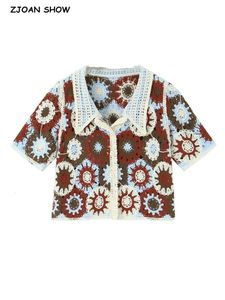 BOHO Handmade Hollow Out Crochet Geometric circle Flower Short Sleeve Cardigan Women Summer Holiday Lapel Sweater Crop Tops 240323