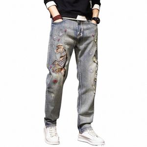 Karp broderade jeans män streetwear denim byxor fi rippade jeans byxor plus storlek 40 41 byxor manliga botten 652J#