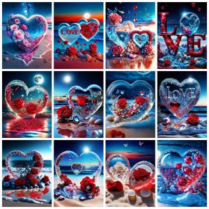 Kalligrafi Huacan 5d diamantmålning Ny Heart Red Rose Home Decor Brodery Seaside Flower Landscape Full Square/Round Wall Sticker