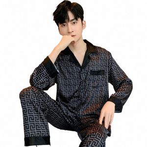 high Quality Satin Chiff Pajamas Suit Men Spring Summer New Ice Silk Lg Sleeved Thin Sleepwear Set Male Home Wear Autumn Boy D88v#