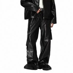 Männer 3D Tasche Lose Beiläufige Vintage Leder Breite Bein Cargo Hosen Männlichen Streetwear Fi Gerade Motorrad Hosen Hosen M6bC #
