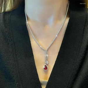 Chains Elegant Luxurious Minimalist Red Cubic Zirconia Long Pendant Necklace For Women's Dinner Party Dresses Accessories Jewelry