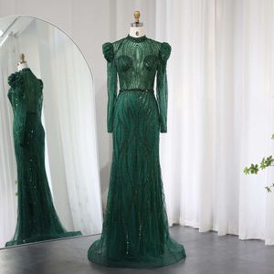 Emerald Sharon sa Green Mermaid Elegant Evening Dresse for Women Wedding Navy Blue Beige Long ärm Arabiska festklänning SS019