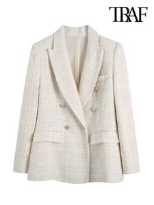 TRAF Women Fashion Tweed Double Breasted Blazer Coat Vintage Long Sleeve Flap Pockets Female Outerwear Chic Veste Femme 240322