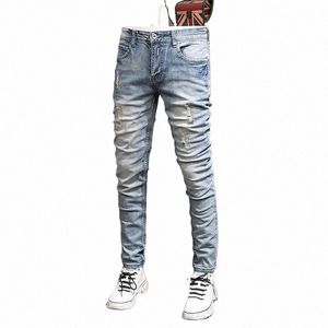 mens Classic Vintage Light Blue Ripped Jeans Men Fi Korean Style Embroidery Straight Slim Fit Denim Pants L8yf#