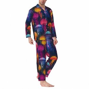 Rainbow Jellies Pajama Zestaw kolorowy druk Wygodne uśpianie mężczyzn LG-SLEEVE Casual Leisure 2 sztuki garnitur domowy duży rozmiar 2xl 62YG#