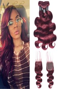 Queen Of Bundles Precolored Brazilian Virgin Hair Body Wave With Closure 99J Red Burgundy 4 Bundles Human Hair Weave With Closur7214098