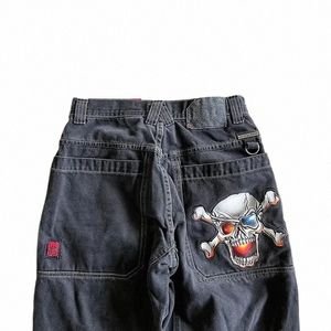 JNCO Jeans Y2K Hip-Hop Skull Wzory haftowe luźne spodnie dżinsowe harajuku dla mężczyzn i kobiet gotyckie spodnie z wysokim stanem B4QF#