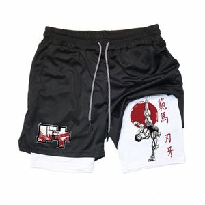 anime baki hanma gym shorts män kvinnor fitn manga tryck 2 i 1 sportprestanda shorts träning snabb torrmesh korta byxor x7av#