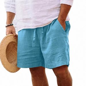 Męskie letnie bapty i lniane szorty z elastyczną talią sznurkową, proste nogi, stały kolor, oddychający codzienny plaża Capris Q3lg#