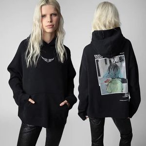 Zadig rahat sweatshirt kadınlar klasik siyah moda y2k dijital baskı elmas hoodies kadın gevşek sweatshirtler sokak kıyafetleri 240312