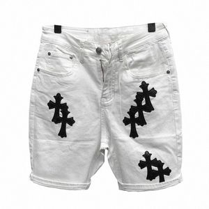 Sommer Cott elastische Shorts Männer American Style Street FI Marke bestickte weiße Denim-Shorts für Männer und Frauen R5GV #