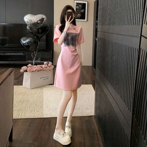 Pink Casual Dress for Women Tome Summer 2023, ny bantning av high-end fransk stil, elegant och socialit lång kjol