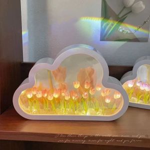 Mirrors Tulips Mirror Lamp Cloud DIY Tulip Night Light Girl Bedroom Ornaments Tulipanes Photo Frame Mirror Table Lamps Birthday Gifts