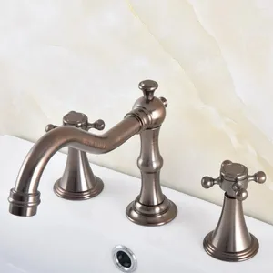 Banyo lavabo musluklar kahverengi yağ ovulmuş bronz güverte monte çift tutamaklar yaygın 3 delik havza musluk mikser su musluklar mnf588