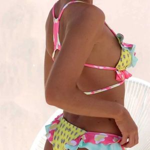 Women's Swimwear Girls printed tie Brazilian push up bikini pleated edge Biquini swimsuit shoulder strap bandage beach women 24326