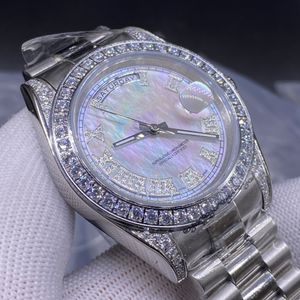Luxury Single Ring Diamond White Pearl Men's Watch 41mm rostfritt stål Strap Automatisk datum249e