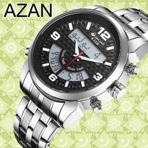 6 11 New Stainless Steel Led Digital Dual Time Azan Watch 3 Colors Y19052103248E