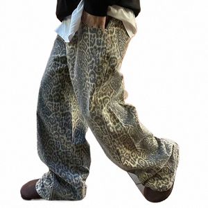 Homens leopardo jeans vintage 2024 nova primavera americano hiphop oversize perna larga alta sreet calça reta masculino solto calças casuais s2Ck #