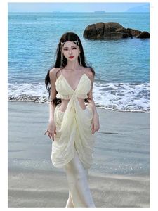 Lässige Kleider Godness Seaside Kleid Frauen Sommer Atemberaubende Ausschnitt Taille Lange Meerjungfrau Sexy Fairy Beach Weiß Boho Vestido Femme