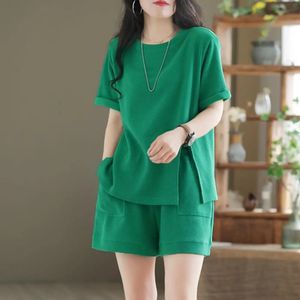 Casual Summer Top and Shorts Set for Women Tracksuit Twopiece Suit Female Sports Short Sleeve Wide Leg Solid Color Outfits 240323