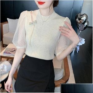 Womens Blouses Shirts Knitted Shirt For Women Summer 2023 In Retro Casual Stretch Loose Fashionable Solid Top Short Sleeve O-Neck Drop Otjcs